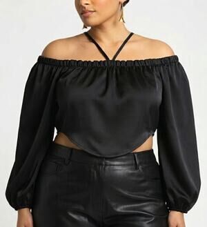 ELOQUII Cropped Blouse Off Shoulder Strappy Long Sleeve Satin Black Womens Sz 16